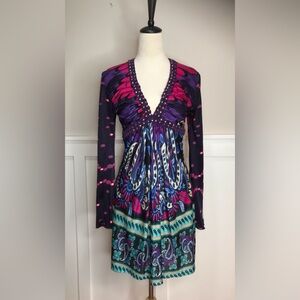 SKY Dress Bright Multicolor Purple Paisleys Leather Trim Size M Medium Worn Once